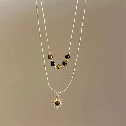 Vintage Leather Brown Stone Sun Pendant Beaded Choker Clavicle Chain Necklace For Women Unique Y2K Personalized Grunge Jewelry