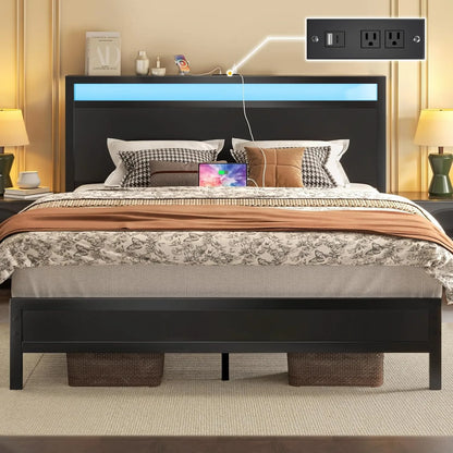 Fluest Queen Bed Frame with Headboard & Footboard, Bed Frame with Built-in Charging Station LED Light, Storage Shelf，Customized