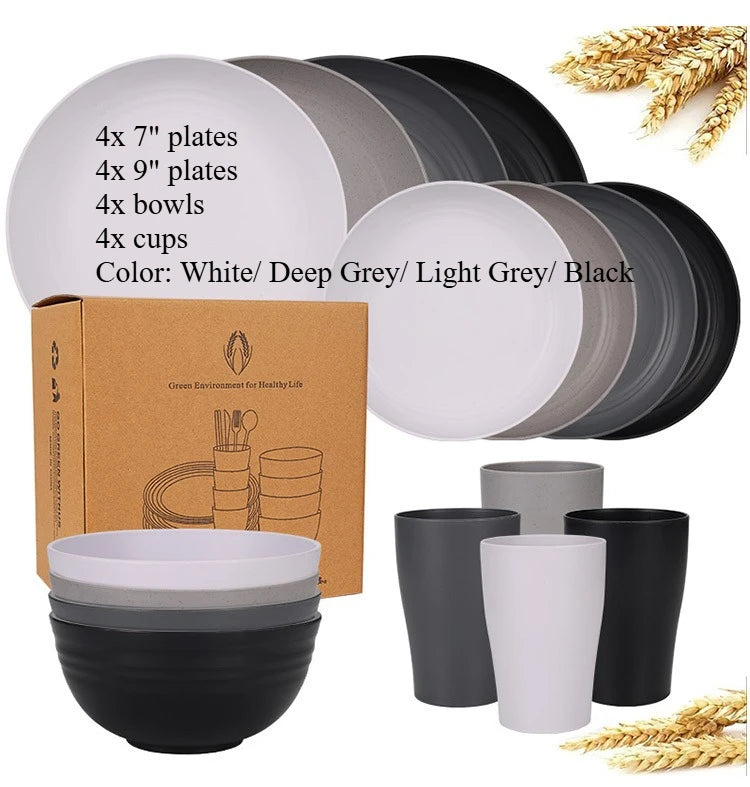 Natural Wheat Straw Tableware Set Dinnerware Sets Biodegradable Unbreakable Plates, Bowls, Cups Lightweight for Kitchen Camping