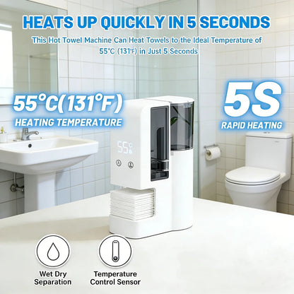 Hot Face Towel Warmer Machine Dispenser 5-Second Warming Disposable with 55°C Constant Temperature & Voice Alerts, Portable