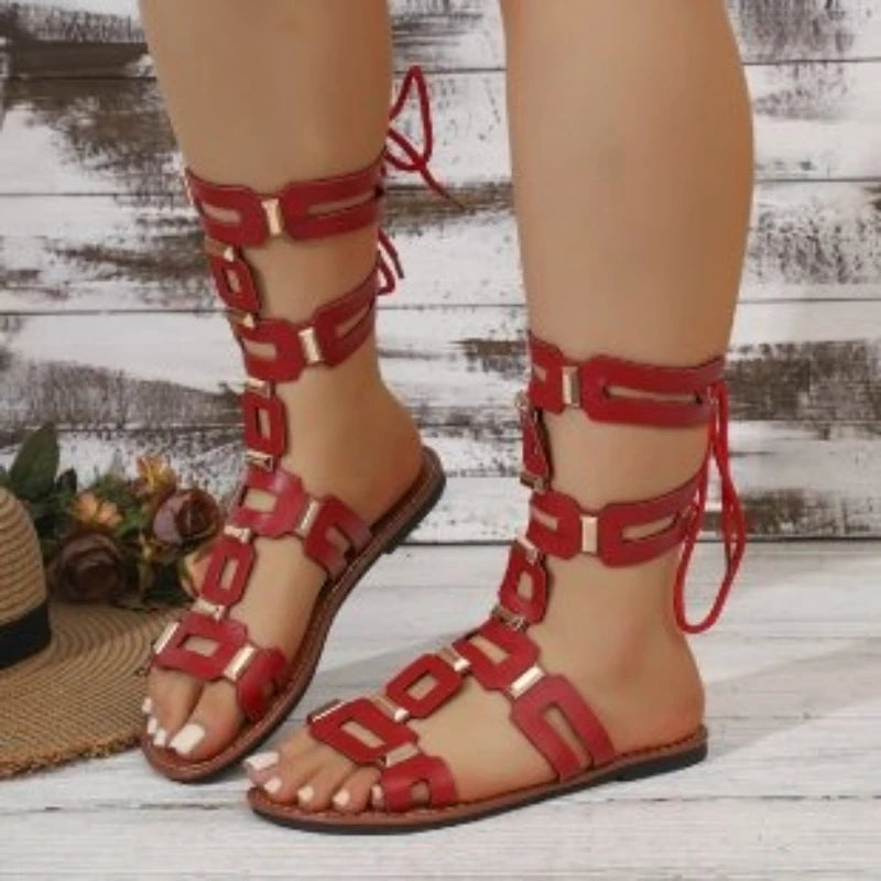 2026 New Fashionable Flat Sandals with Back Lace-up Designer Women's Sandals Sexy Open Toe Roman Style Casual Summer Boots 36-43