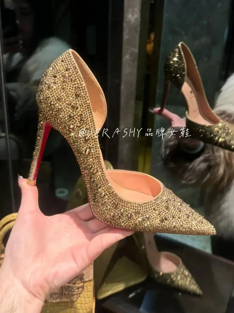 Red Sole Shoes High Heels Wedding Women Shoes Diamond Pumps  Heel 10cm Crystal Shoes Rhinestone Pointed Toe Glitter Party Heels