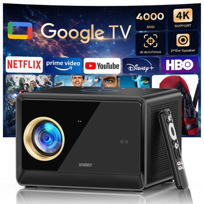 XIWBSY 4000ANSI Google TV Projector 4K Android 14.0 Sealed Optical Projector 52000Lumens WiFi6 Projector Google Voice Assistant