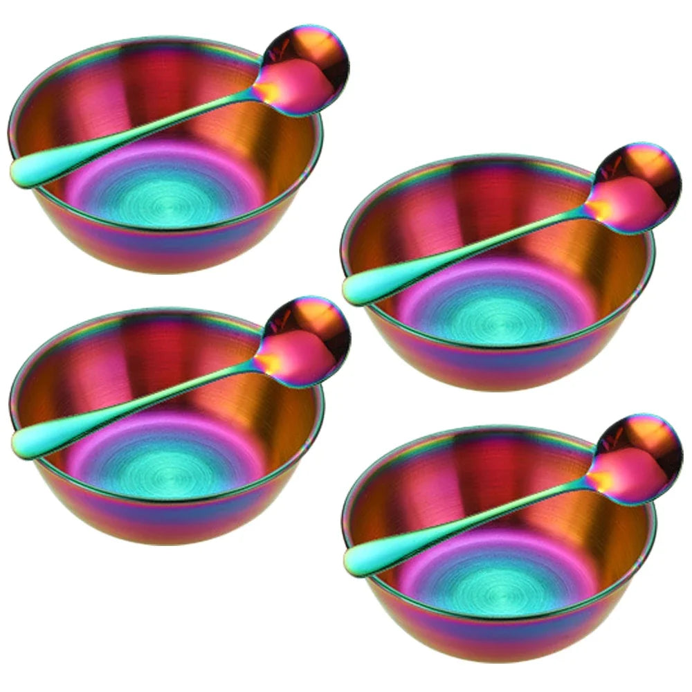 4Pcs Stainless Steel Sauce Dishes and 4Pcs Spoon for Appetizer Seasoning Serving Dishes Sets Tray Spice Plates Kitchen Tableware