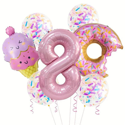7-Piece Set of Cute Pink Donut Candy Foil Balloons 40inch Ice Cream Themed Birthday Party Scene Decoration Photo Props Indoor and Outdoor Decoration Cool Summer Gifts Anniversary Supplies, Halloween Decorations, Christmas Dec