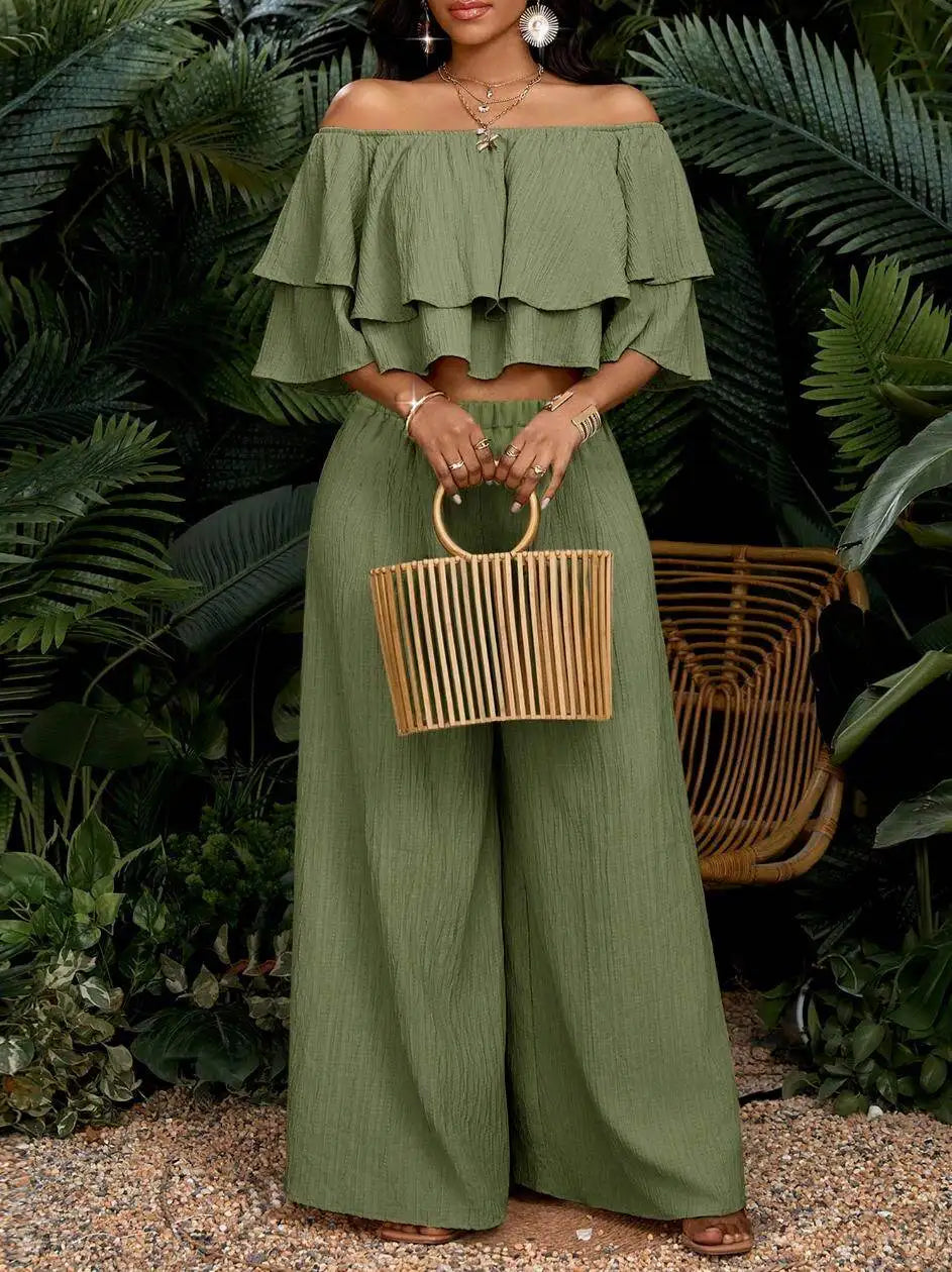 Women's Off Shoulder Ruffle Crop Top Matching Wide Leg Pants Outfit For Vacation Daily Casual Outdoor Travel Occasions