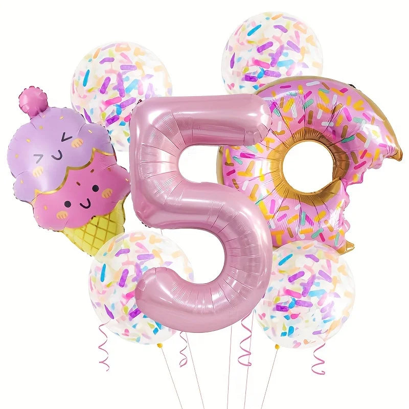 7-Piece Set of Cute Pink Donut Candy Foil Balloons 40inch Ice Cream Themed Birthday Party Scene Decoration Photo Props Indoor and Outdoor Decoration Cool Summer Gifts Anniversary Supplies, Halloween Decorations, Christmas Dec