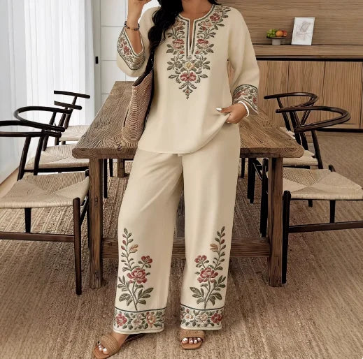 Two Piece Set Women Outfit 2026 Spring Autumn New Floral Print Round Neck Long Sleeve Loose Top & High Waist Casual Pants Set
