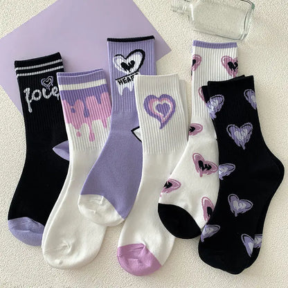 Kawaii Love Print Socks Purple Women Socks Female High Beauty In Spring Summer Fried Street Middle Tube Socks Harajuku Medias