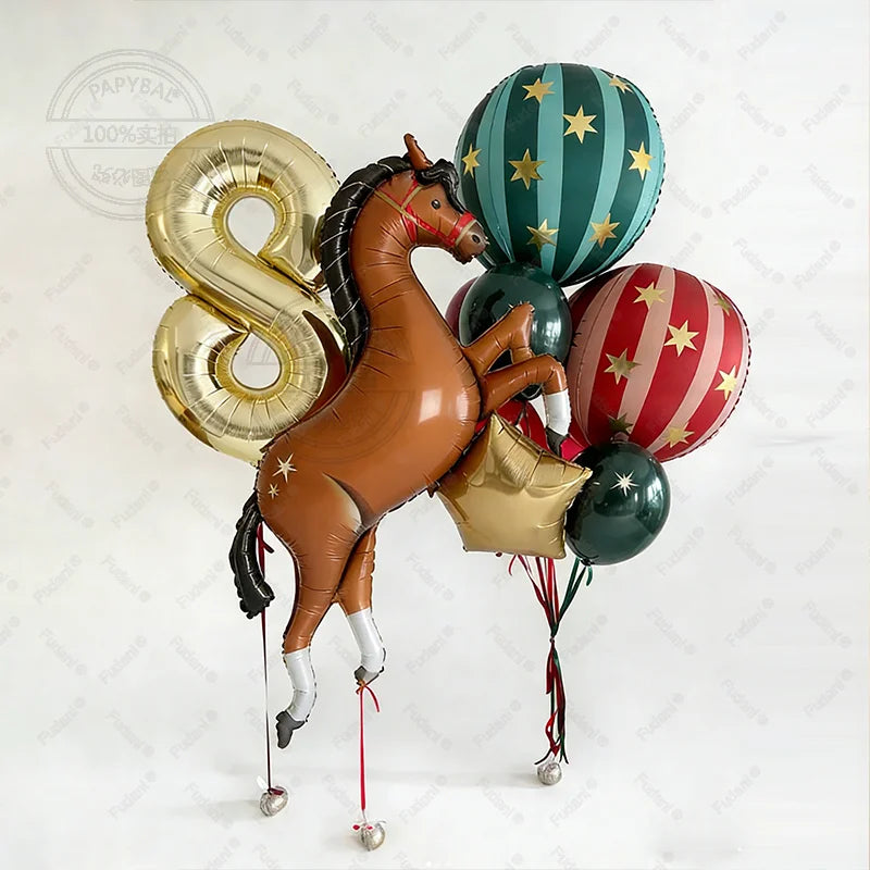 12pc Giant Race Horse Striped Star Balloons with 1-9 Cream Number Balloon for Cowboy Animal Theme Birthday Farm Party Decoration