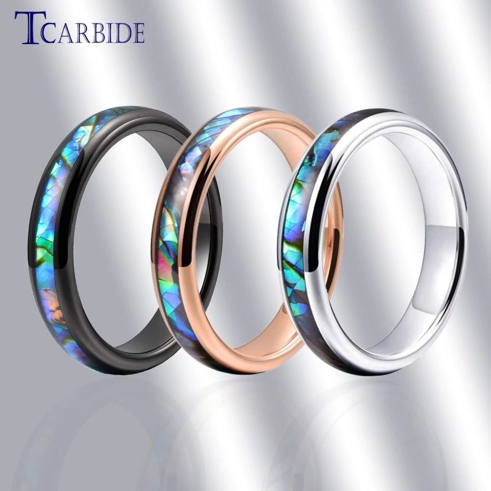 4mm Women Ring Tungsten Wedding Band Abalone Shell Inlay Domed Polished Trendy Jewelry