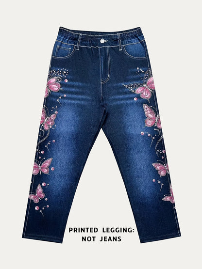 Women High Waist Slim Fit Floral Print Fake Denim 7/8 Cropped Capri Pants, Suitable For Daily Casual & Sports Wear