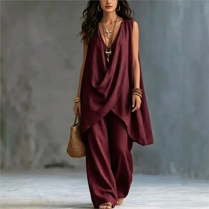 Women's Fashion Cotton Linen Irregular Sleeveless Long Tops 2-piece Set Spring Summer New Casual Wide-leg Trousers Female Suit