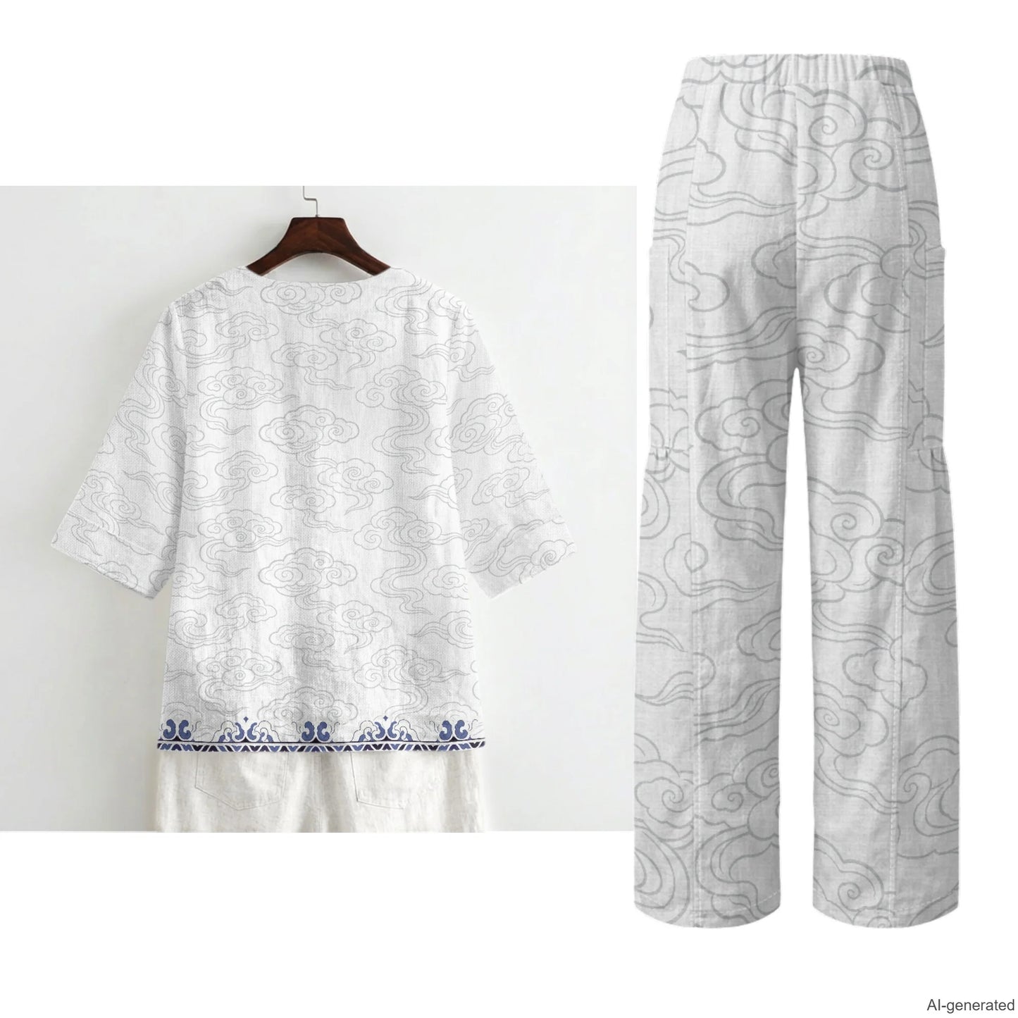 INSTANTARTS Elegant Sets Two Piece Set Linen Shirt Wide-leg Pants Set Wave Set for Woman Linen Pants and Blouse Set S-3XL