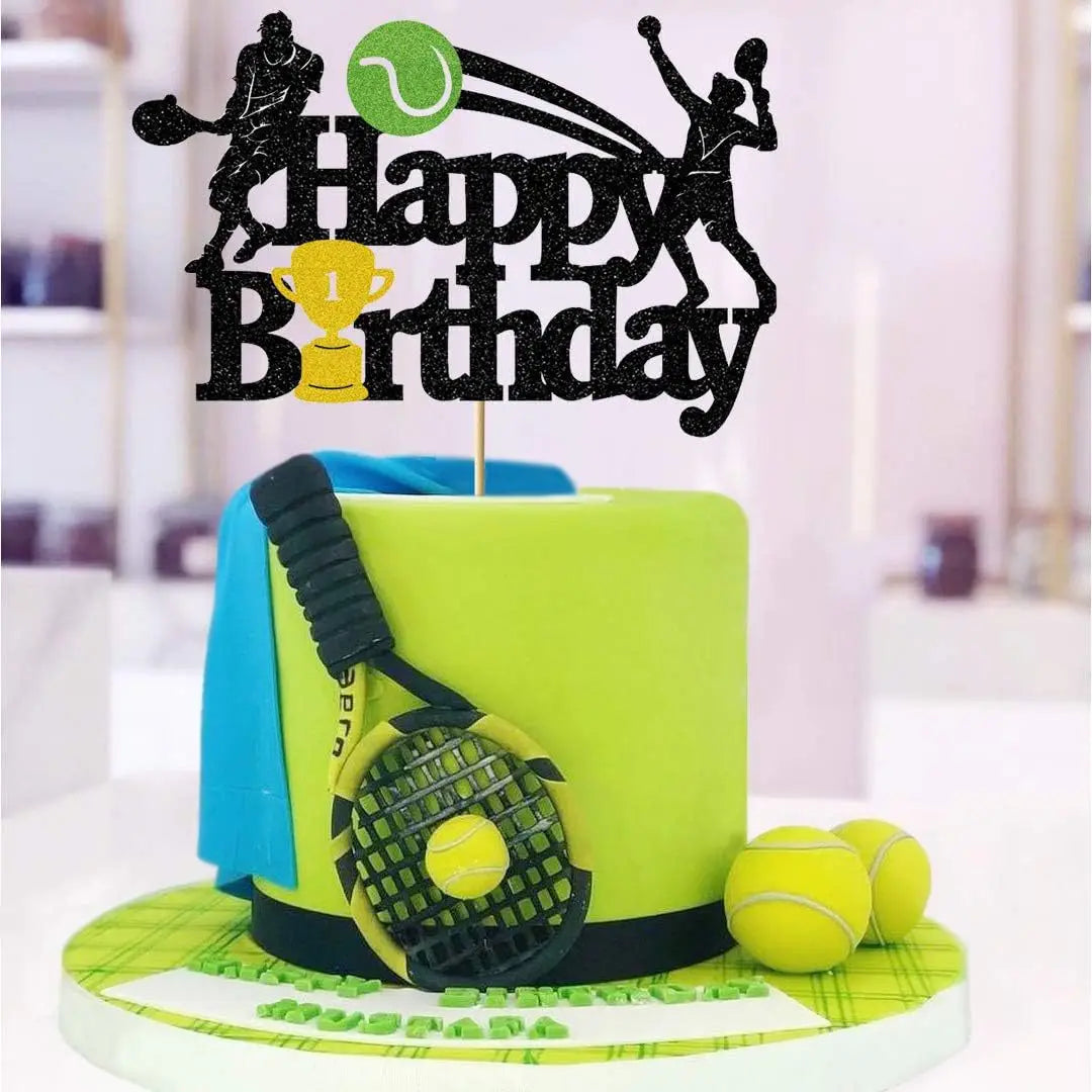 Tennis Ball Cake Topper Happy Birthday Sports Themed Trophy Tennis Match Cupcake Topper Dessert Decoration Baking Supplies Diy