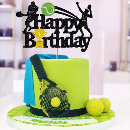 Tennis Ball Cake Topper Happy Birthday Sports Themed Trophy Tennis Match Cupcake Topper Dessert Decoration Baking Supplies Diy