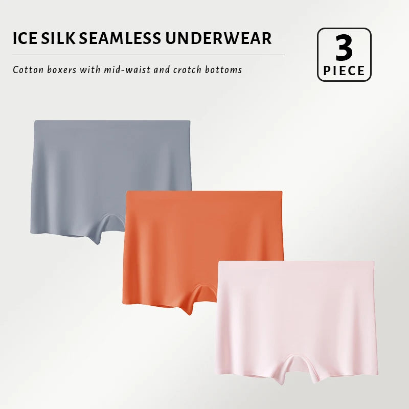 FallSweet 3PCS Seamless Ice Silk Boxers for Women Safety Panties Underwear Plus Size Underpants Soft Invisible Boyshorts M/L/XL