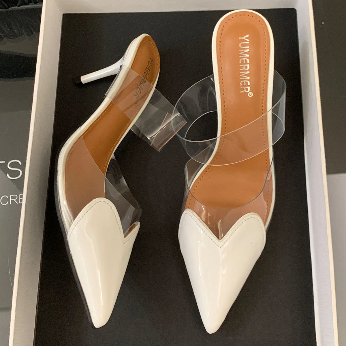 Clear Heart Heeled Mules Sandals Transparent PVC Pointed Toe Slip On Clear Heeled Sandals Party Prom Dress 7.5cm High Heel Mules