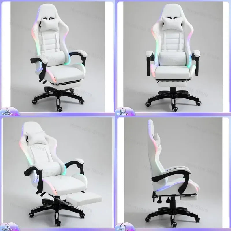 White PU Leather Gaming Chair with RGB LED Lights Massage Function Built-in Speakers Racing Style Ergonomic Design for PC