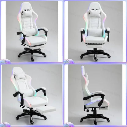 White PU Leather Gaming Chair with RGB LED Lights Massage Function Built-in Speakers Racing Style Ergonomic Design for PC