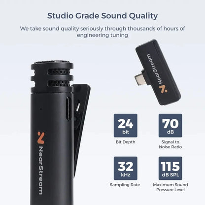 NearStream AWM10T Plus 1-to-2 Wireless Lavalier Microphone, AI DSP Noise Canceling, 33Ft Stable Transmission, 6H Long Battery, Auto Pair Plug & Play Mic for Classroom Vlog Live Stream iPhone Android PC