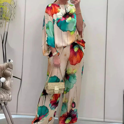 Casual Sets for Women 2 Pieces Summer Fashion Printed Satin Two Piece