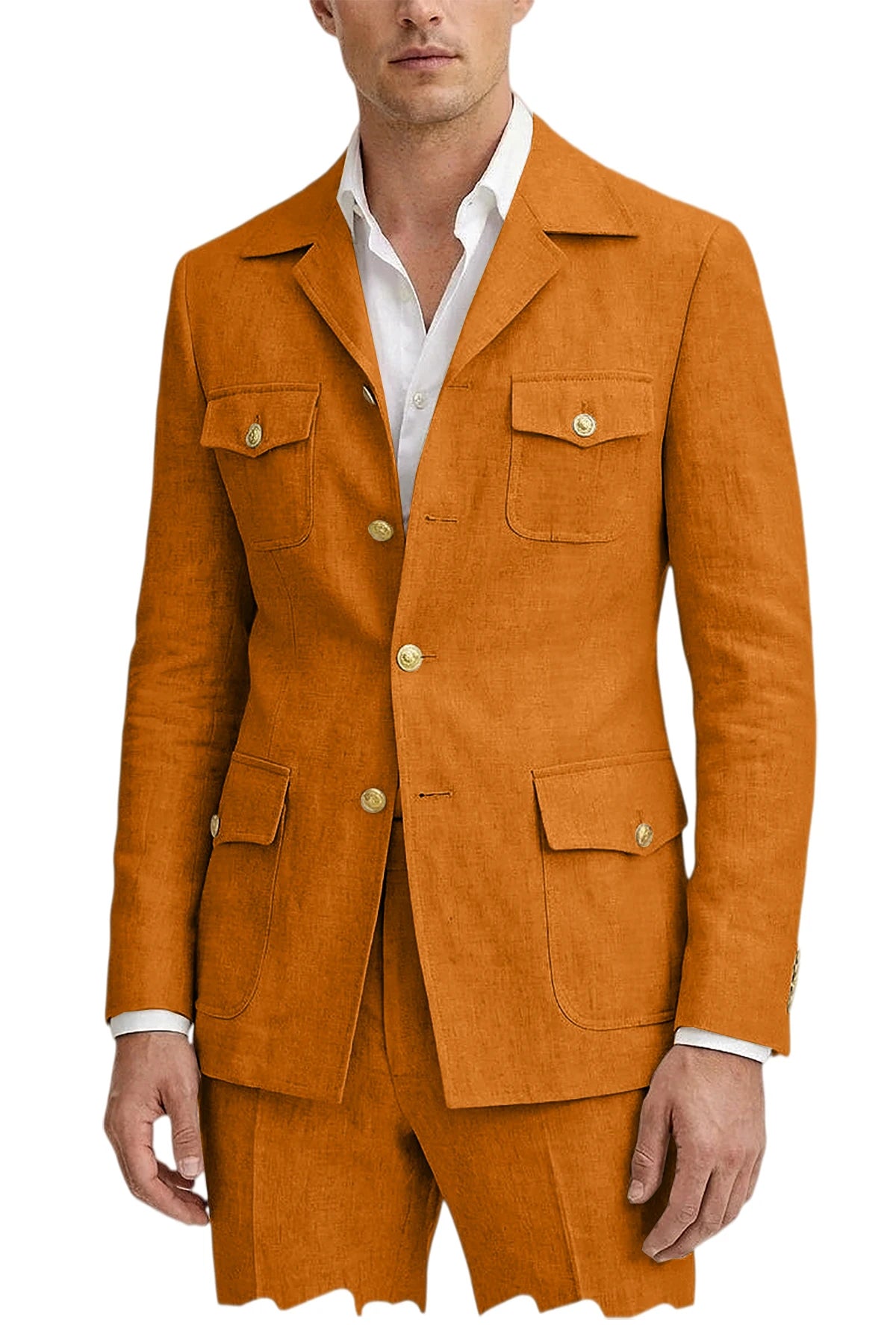 Men's Linen Suit 2 Piece Blazer Pants Set Multi-Pocket Safari Style Slim Fit Formal Business Casual Jacket Trousers for Summer
