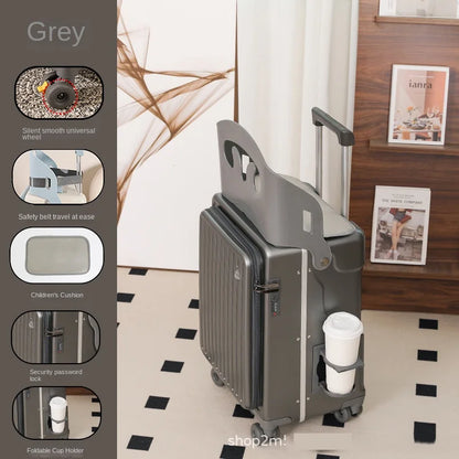 New Suitcase for Children Can Sit 20/22/24 Inch Ride on Luggage Front Opening Sturdy Thickened Travel Suitcase with Cup Holder