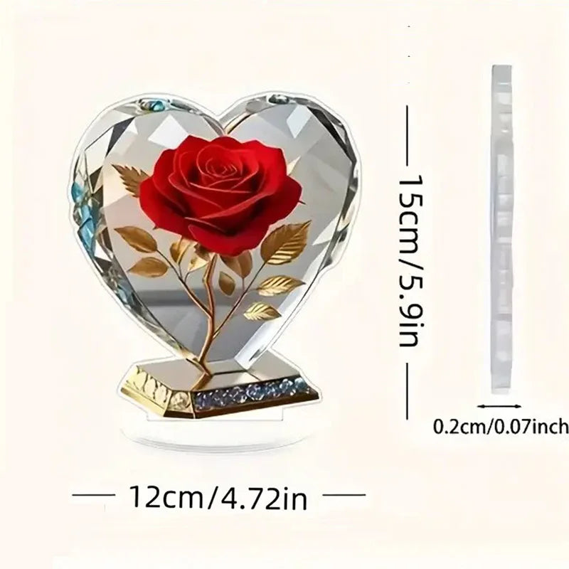 2D Acrylic Red Rose Ornament Mother's Day Gift Heart Shaped Desktop Decoration Ornaments Creative Birthday Valentine's Day Gift