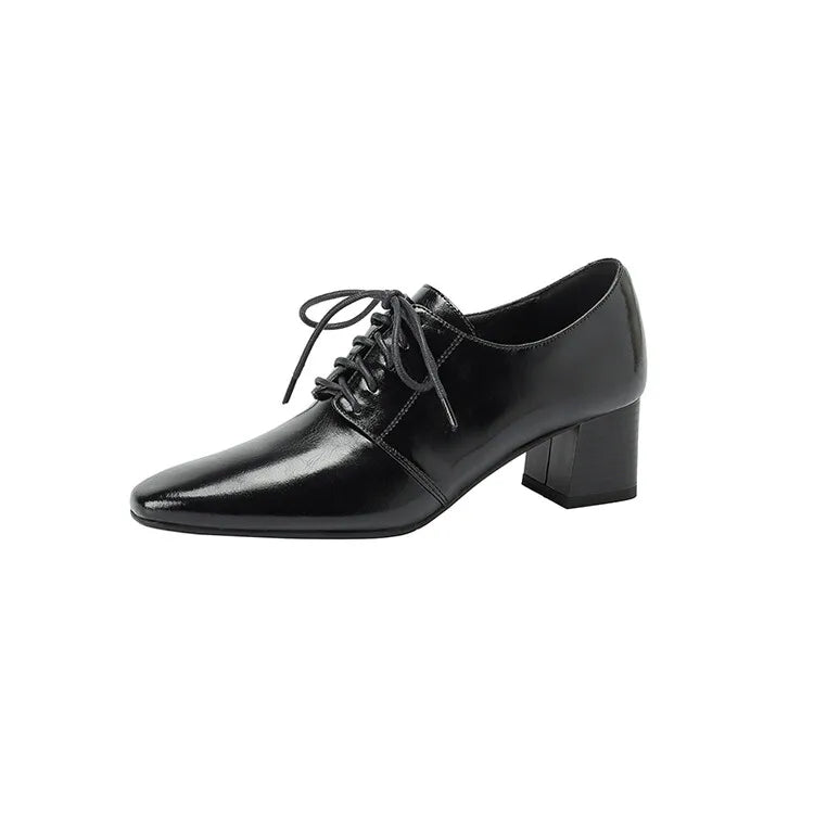 NEW Spring/Autumn Women Pumps Square Toe Chunky Heel Shoes Concise Split Leather Shoes for Women Lace-up Handmade Women Shoes