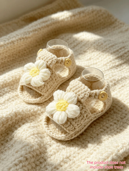 1 Pair Crochet Baby Girl Sandal Booties, Pink, Daisy Flower Accent with Button Strap, Infant Shoes