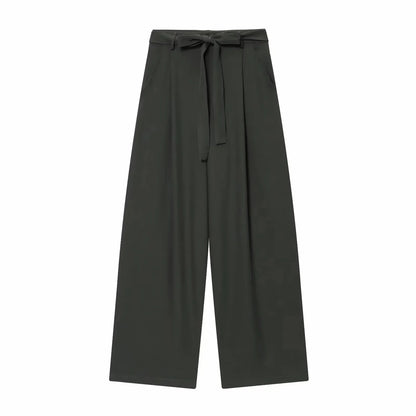 Women Fashion 2-Piece Set Single-breasted Sleeveless V-Neck Pinstripe Vest+Summer Pleated Loose Pocket Belt Zipper Pants