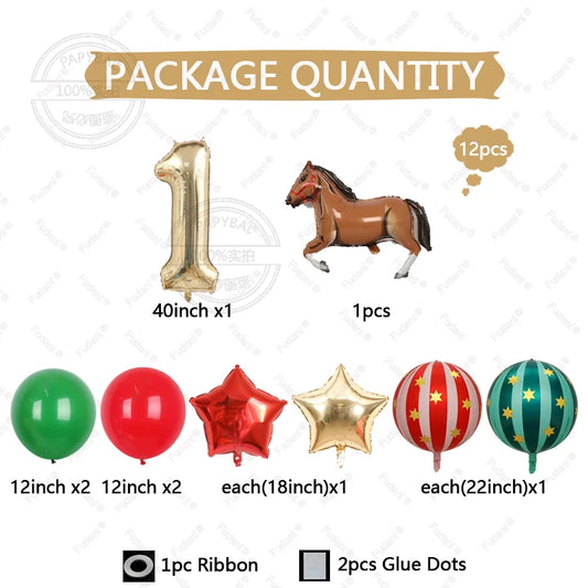 12pc Giant Race Horse Striped Star Balloons with 1-9 Cream Number Balloon for Cowboy Animal Theme Birthday Farm Party