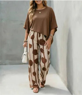 2026 Spring Summer New Comfort Crew Neck Short Sleeve Striped Print Wide Leg Pants 2-Piece Outfit Set
