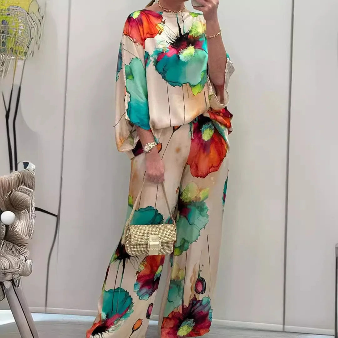 Casual Sets for Women 2 pieces Summer Fashion Printed Satin Two Piece Sets Women Sexy Round Neck Top+Wide Leg Long Pants Outfits