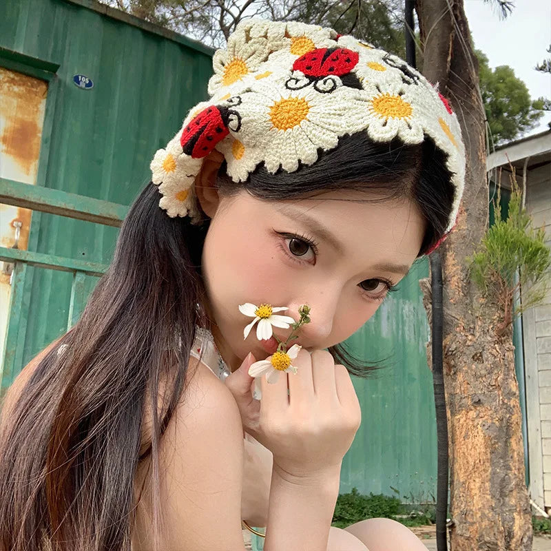 Korean-style cozy knit triangular headscarf for women, spring/summer, cute versatile country beach vacation hairband