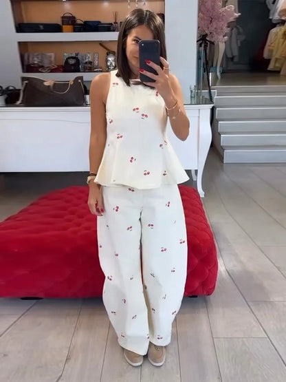 Casual Printed Women's Top Trouser Suits Sleeveless O-Neck Wide Leg Pants Lady Set 2026 Summer Vacation 2 Pieces Set Women New