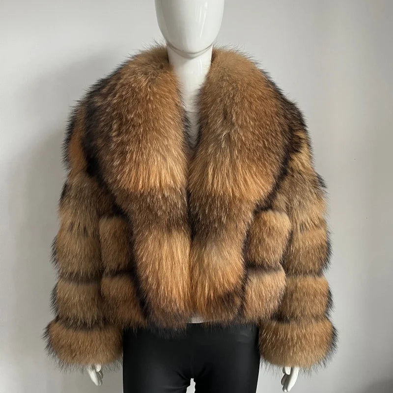BEIZIRU Women's Real Raccoon Fur Coat with Big Turn-down Collar Winter Long Sleeve Natural Luxury Fashion Outerwear
