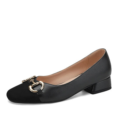 Lady Patchwork Low Heels Pumps Squar Tip OL Slip-Ons With Metal Buckle Plus Size 3-43 Retro Footwear Brown White Black Hand-Made