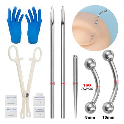 Sterile Body Piercing Tool Kit Surgical Steel Piercing Needles Clamp Pliers Gloves Set Pull Pin Lead Tool Lip Nose Belly Jewelry
