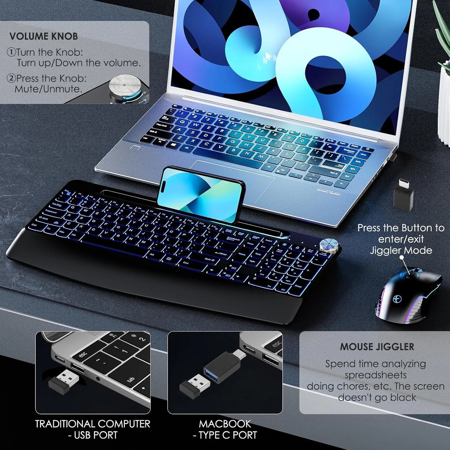 7 Colors Backlit Keyboard With Slot and Wrist Rest Volume Knob Keyboard Jiggle Mouse Set,Full Size Rechargeable Keyboard Set