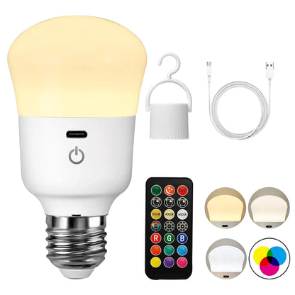 Usb Rechargeable Light Bulb with Remote Control Dim & RGB, Timer, Backup Emergency Light for Home or Outdoor
