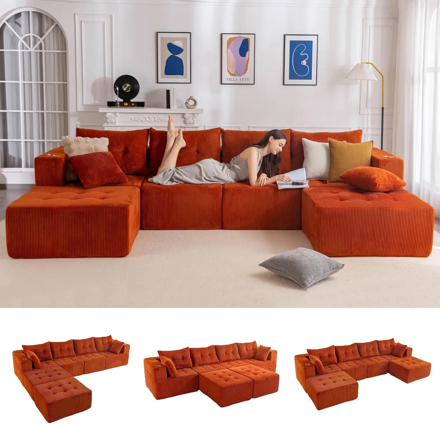 Boneless Couch, 129.5-Inch U-Shaped Cloud Couch, 2 Ottomans | Orange Tufted Modular Sofa in a Box Requires No, Customized