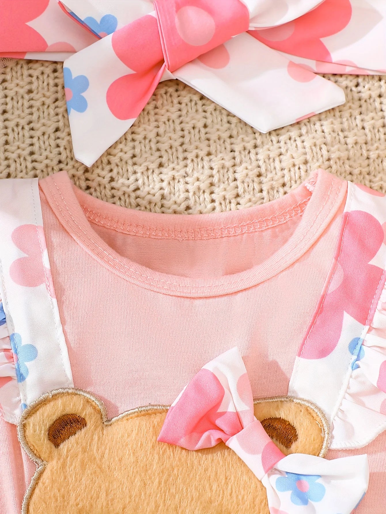 Two-Piece Set of Baby Girl Casual Dresses for Spring and Summer, Cute and Sweet Style Dresses with Cartoon Bear Patches, Floral Digital Print Patterns, Baby Girl Romper and Headband