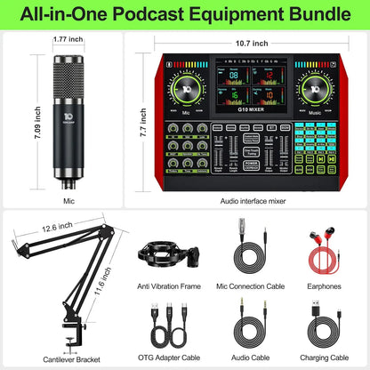 Tenlamp  G10-P15-NB25 Podcast Equipment with 3.5mm Condenser Mic, Sound Board,Sound Card for PC/Phone Podcast Recording, Voice Changer, Denoise,Phantom Power,Reverb，G10 Live Streaming Audio Interface Gaming Audio Mixer