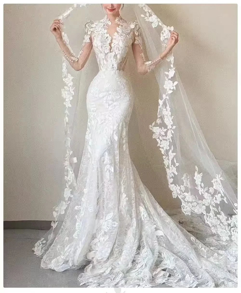 Customized Romantic Appliques Mermaid Wedding Dress Long Sleeves V-neck Backless Bridal Dresses Wedding Party Dress No veil