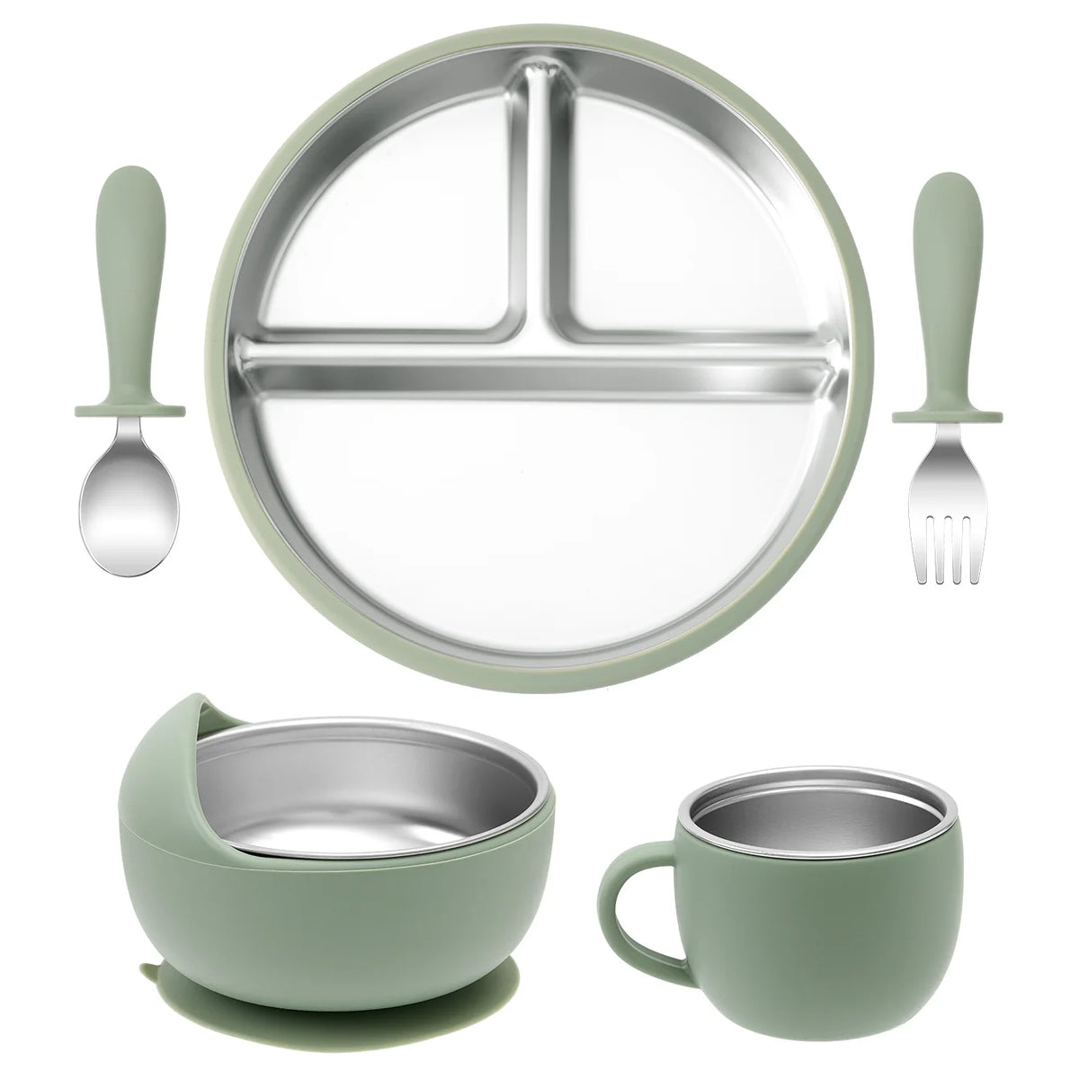 Color Kids 5PCS Baby Feeding Set Stainless Steel Silicone Tableware Sucker Dishes Plate Bowl Training Fork Spoon Infant Cup