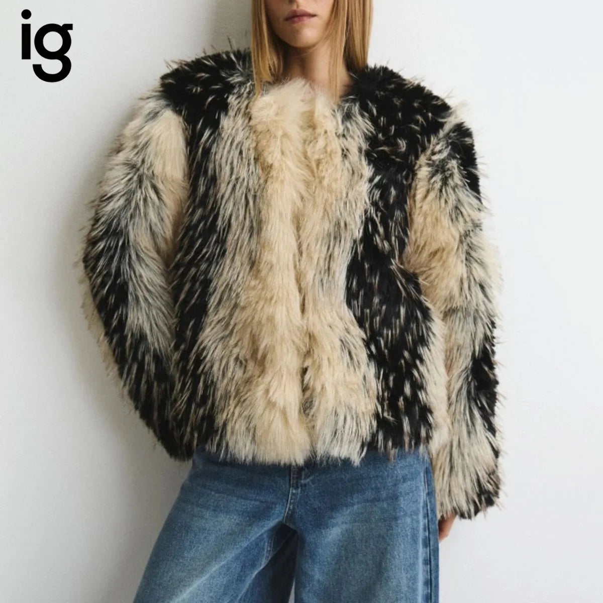 Women Black & Beige Two-Tone Fur Fluffy Cropped Jacket, Open Front Collarless Side Pockets, Winter Warm Casual Street Outerwear