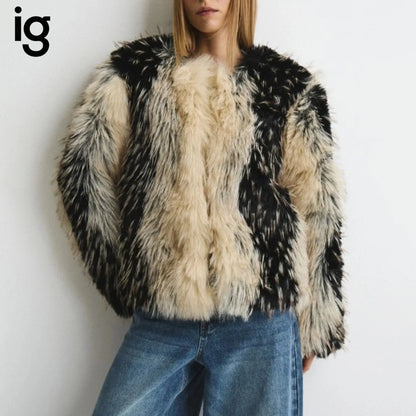 Women Black & Beige Two-Tone Fur Fluffy Cropped Jacket, Open Front Collarless Side Pockets, Winter Warm Casual Street Outerwear