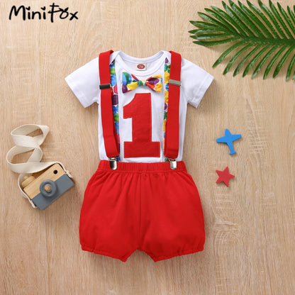 MiniFox Baby Boys Birthday Outfit For One Years Number"1“ Bodysuit and Y-back Suspender Shorts 1 Year Birthday Cake Smash Sets